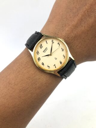 SEIKO QUARTZ 2622-0150 JAPAN GOLD TONE CREAM DIAL ARABIC NUMERAL LEATHER