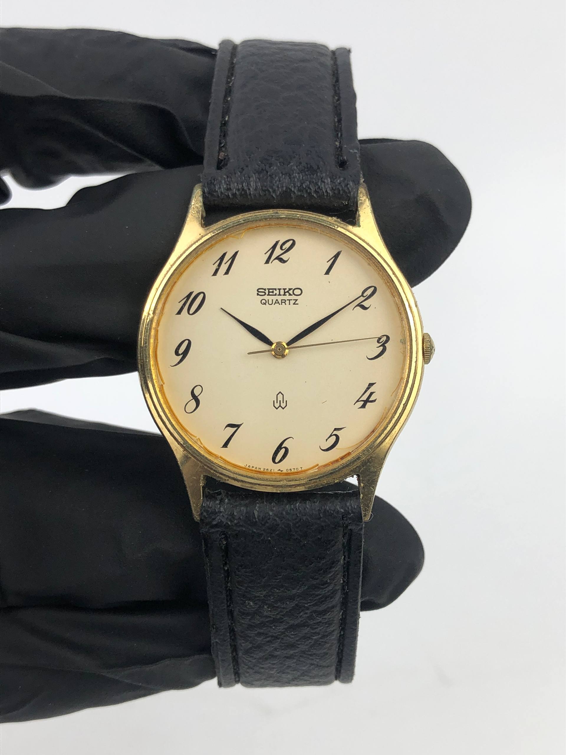 SEIKO QUARTZ 2622-0150 JAPAN GOLD TONE CREAM DIAL ARABIC NUMERAL LEATHER - Gambar 2
