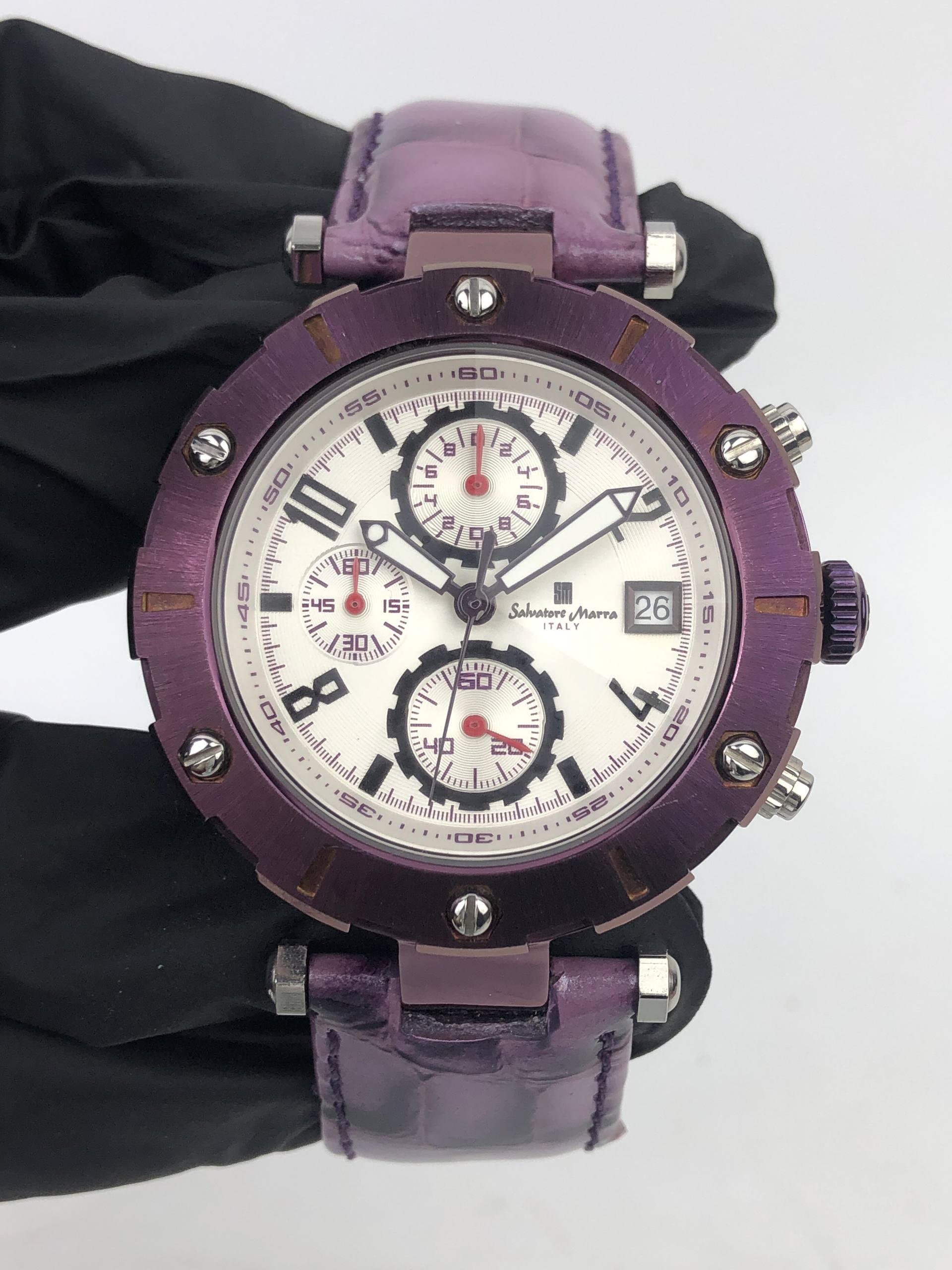 SALVATORE MARRA ITALY SM-15115-1 CHRONOGRAF PURPLE CASE ALL ORIGINAL - Gambar 2