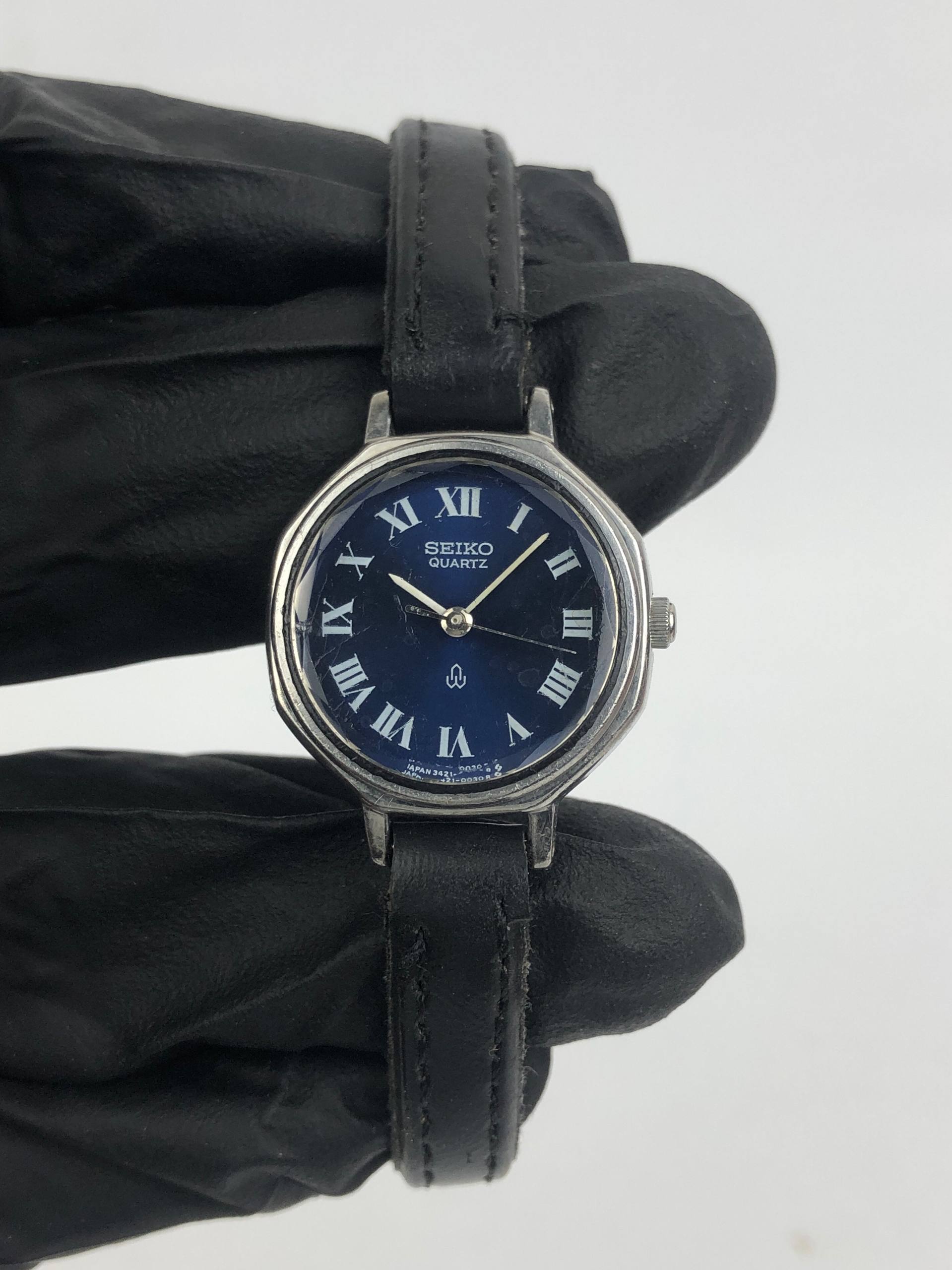 SEIKO 3421-0020 QUARTZ BLUE ROMAN DIAL FACETED GLASS - Gambar 2
